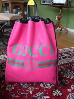 Gucci Hot Pink Leather Drawstring Backpack with Green Logo